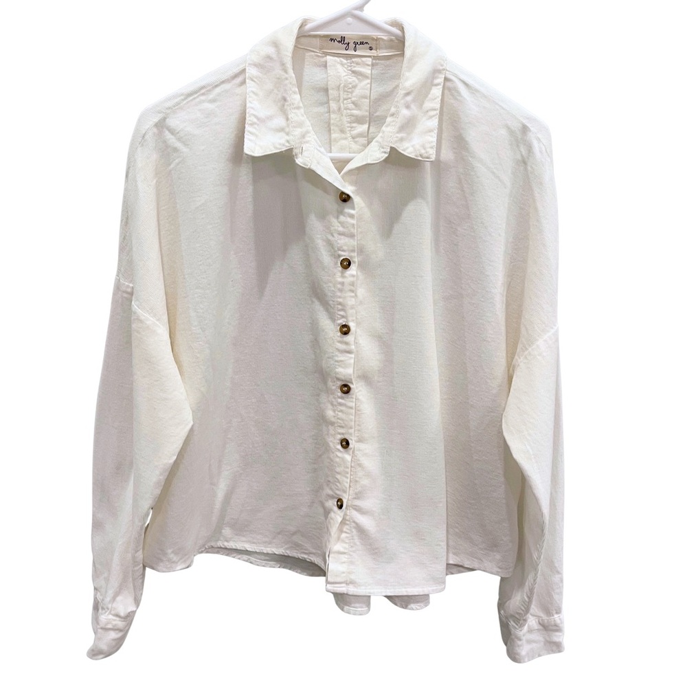 Molly Green Women’s White Corduroy Peasant Style Sleeve Button-Up Shirt Prairie